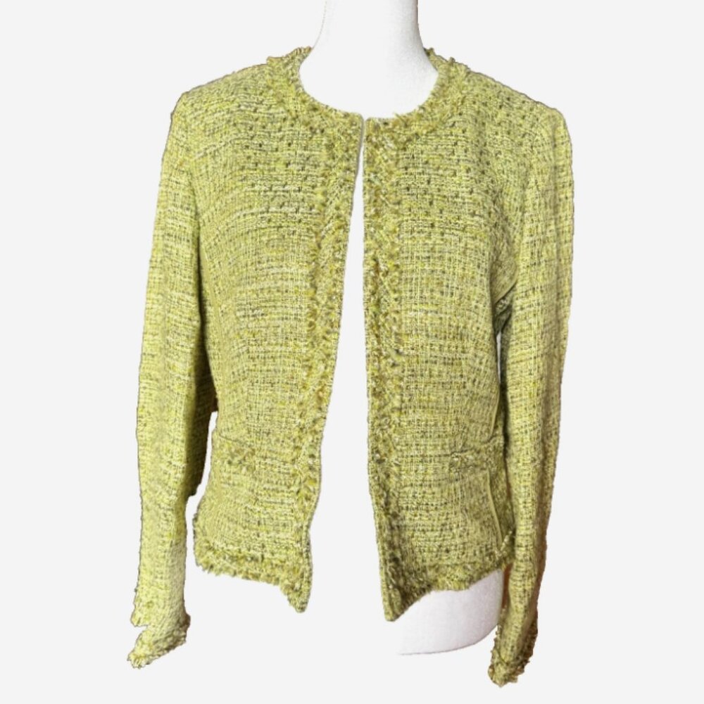 Talbots Women’s‎ Green Tweed Fringe Jacket Petite Size 4 Classic Lined 2-Pocket